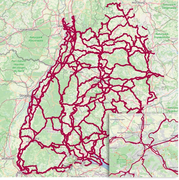 RadNETZ BW in Baden-Württemberg und Zoom auf den Ausschnitt für Stuttgart.